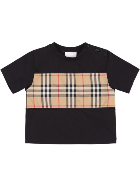Burberry: T-shirt in jersey di cotone con inserto check - Nero - kids-boys_0 | Luisa Via Roma