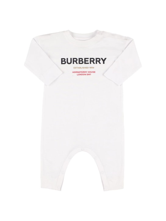 Burberry: Barboteuse en jersey de coton imprimé logo - Blanc - kids-boys_0 | Luisa Via Roma