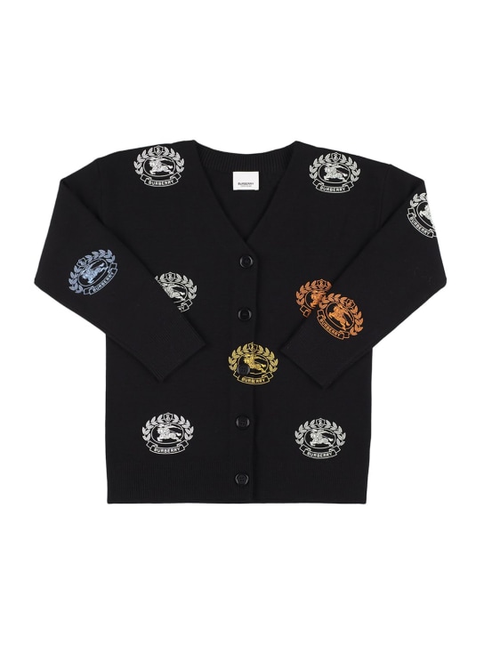 Burberry: Cardigan en maille de laine imprimée - Noir - kids-girls_0 | Luisa Via Roma
