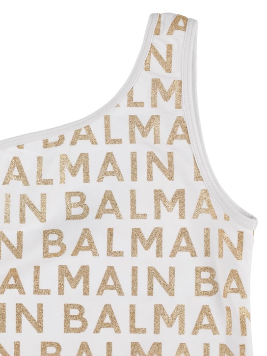 Balmain: グリッターライクラワンピース水着 - ホワイト/ゴールド - kids-girls_1 | Luisa Via Roma