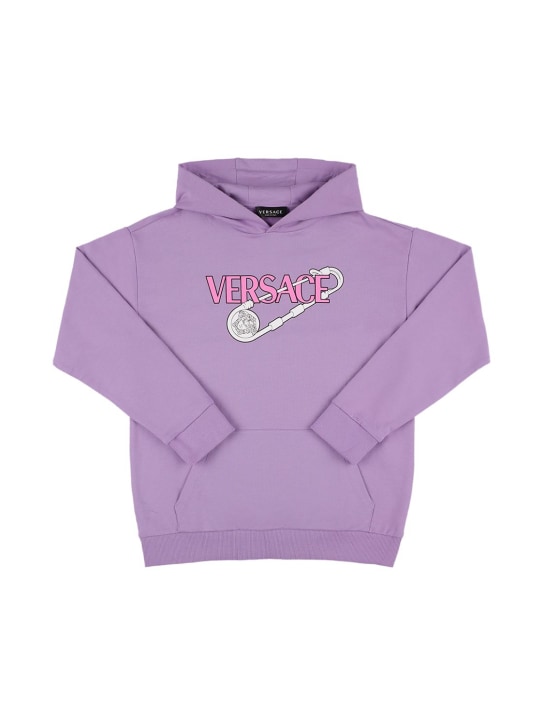 Versace: Sweat-shirt en coton imprimé à capuche - Violet Clair - kids-girls_0 | Luisa Via Roma