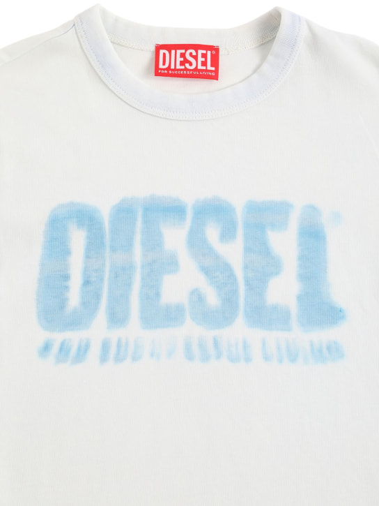 Diesel Kids: 로고 프린트 코튼 저지 티셔츠 - 오프 화이트/블루 - kids-boys_1 | Luisa Via Roma