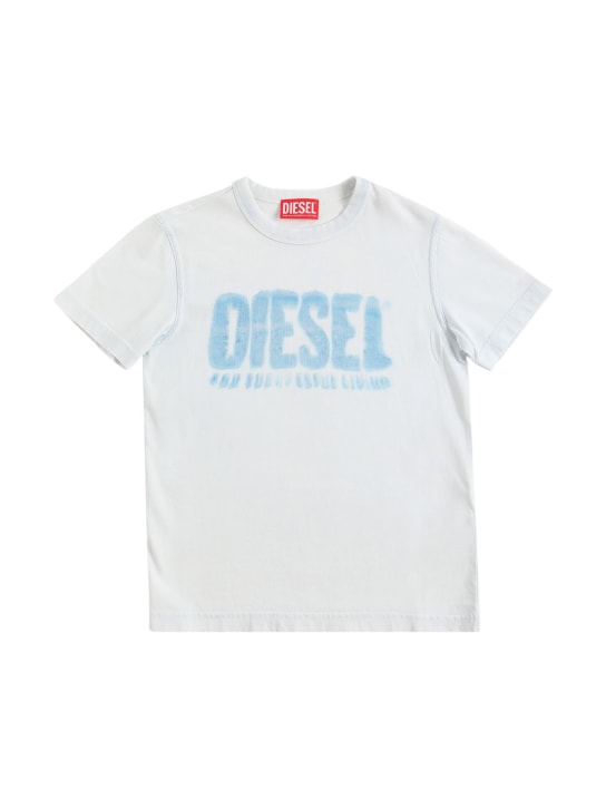 Diesel Kids: T-shirt en jersey de coton à imprimé logo - Rayure Blanc/Bleu - kids-boys_0 | Luisa Via Roma