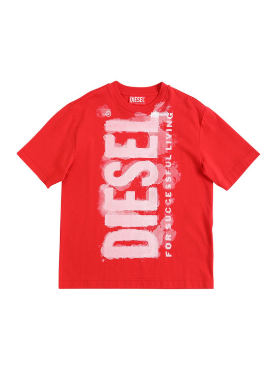 Diesel Kids: 로고 프린트 코튼 저지 티셔츠 - 레드 - kids-boys_0 | Luisa Via Roma