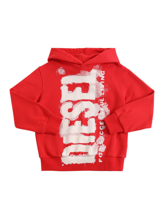 Diesel Kids: Sweat-shirt en coton imprimé logo à capuche - Rouge - kids-boys_0 | Luisa Via Roma