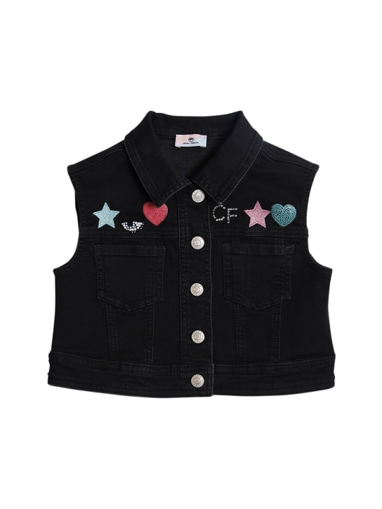 Chiara Ferragni: Logo cotton denim effect vest - Black - kids-girls_0 | Luisa Via Roma