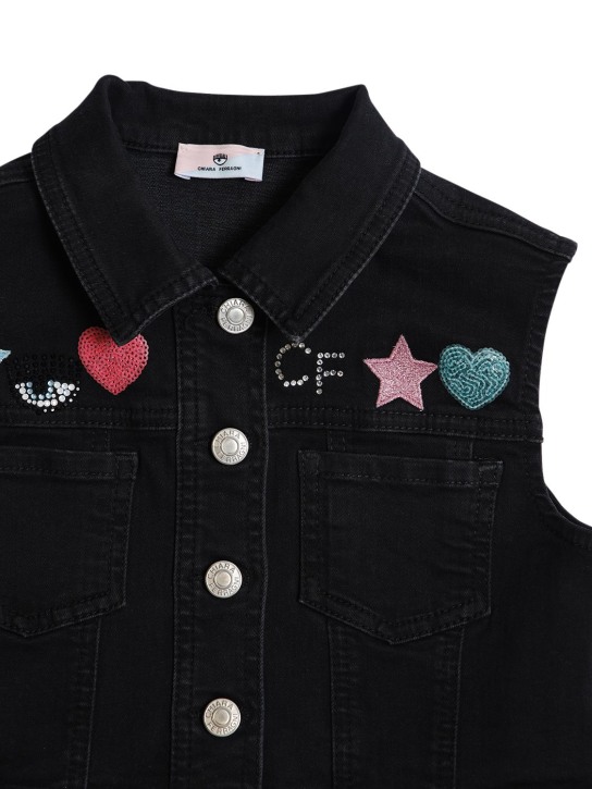 Chiara Ferragni: Logo cotton denim effect vest - Black - kids-girls_1 | Luisa Via Roma
