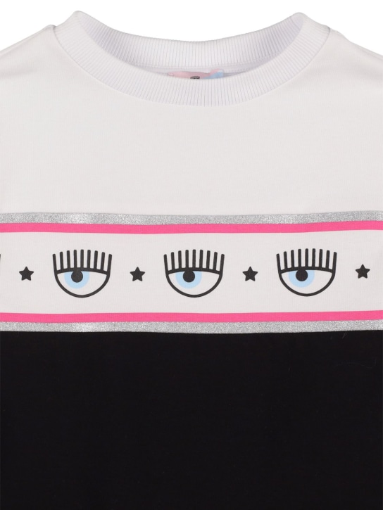 Chiara Ferragni: Logo印花混棉平纹针织连衣裙 - 白色/黑色 - kids-girls_1 | Luisa Via Roma