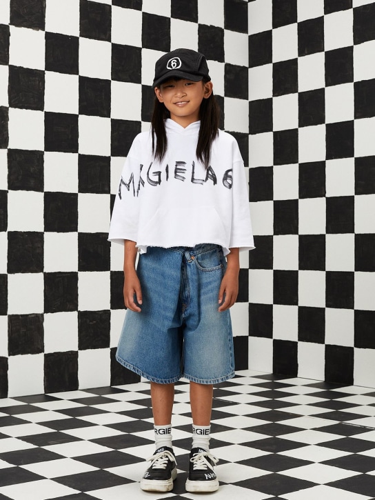 MM6 Maison Margiela: Sweat-shirt en coton imprimé logo à capuche - Blanc - kids-girls_1 | Luisa Via Roma