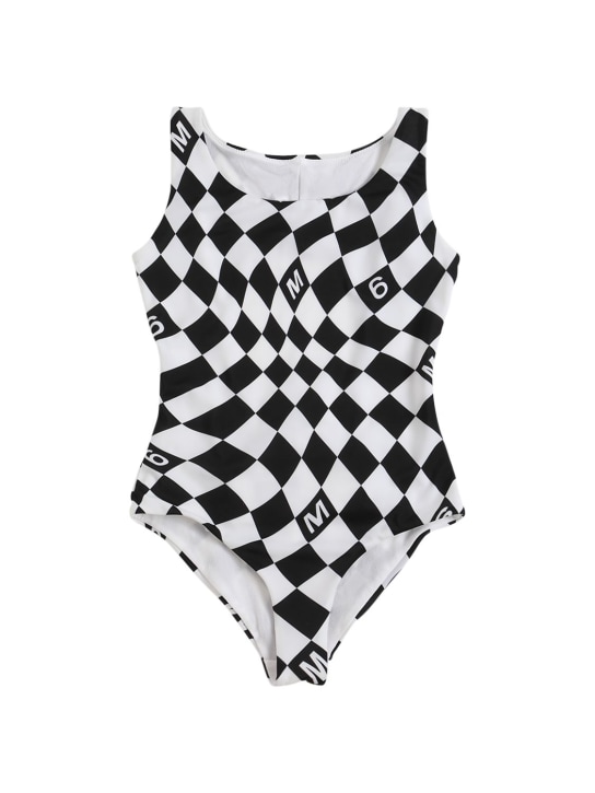 MM6 Maison Margiela: Check print Lycra onepiece swimsuit - Black/White - kids-girls_0 | Luisa Via Roma