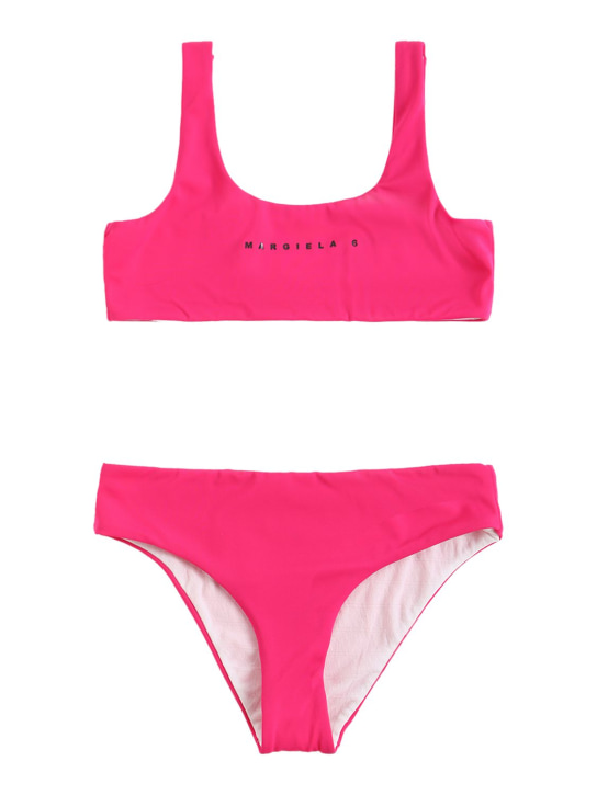 MM6 Maison Margiela: Logo print Lycra bikini set - Fuchsia - kids-girls_0 | Luisa Via Roma