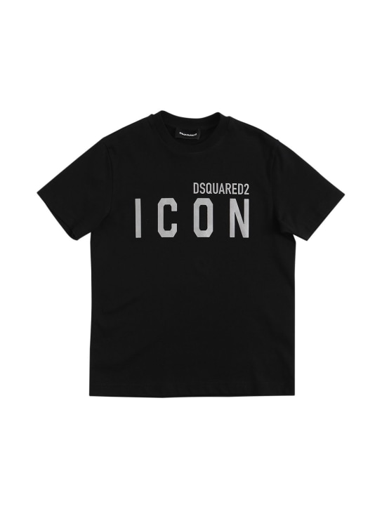 Dsquared2: Icon logo印花棉质平纹针织T恤 - 黑色 - kids-boys_0 | Luisa Via Roma