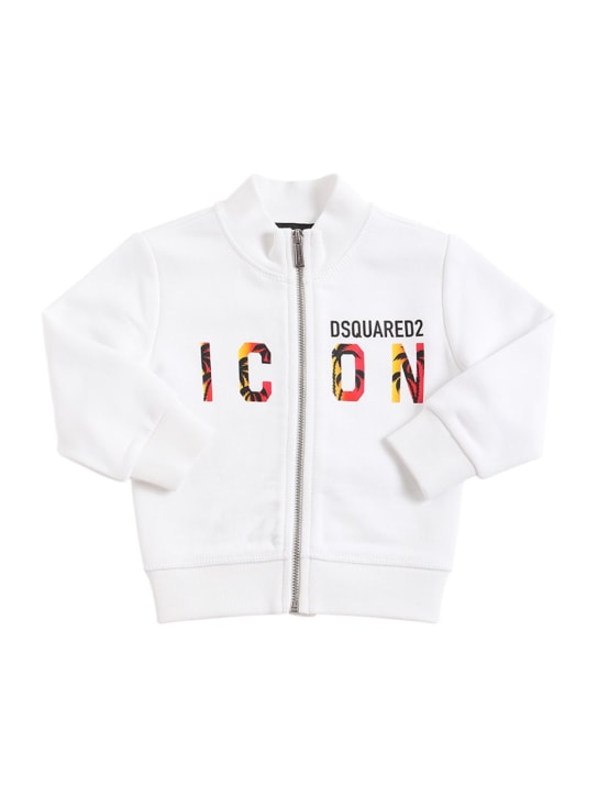 Dsquared2: Sweat-shirt zippé en coton imprimé logo - Blanc - kids-boys_0 | Luisa Via Roma
