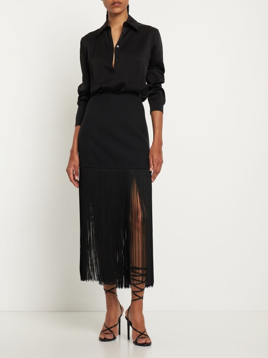 Michael Kors Collection: Gonna midi in crepe sablé con frange - Nero - women_1 | Luisa Via Roma