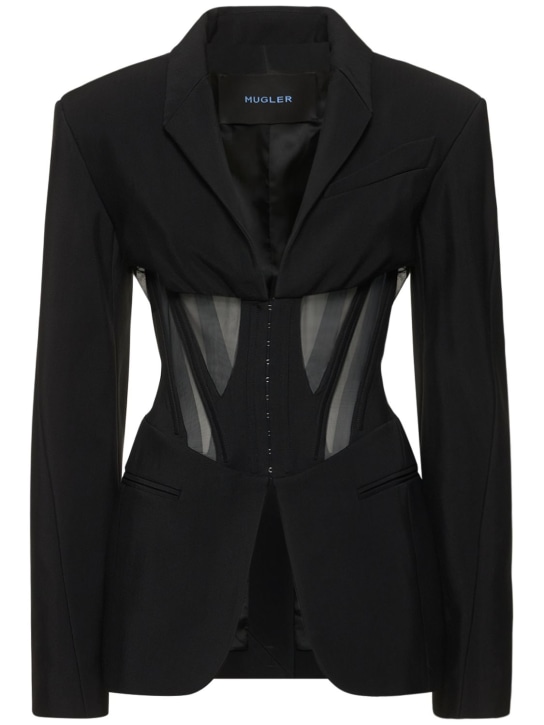 MUGLER: Twill sheer insert corset jacket - Black - women_0 | Luisa Via Roma