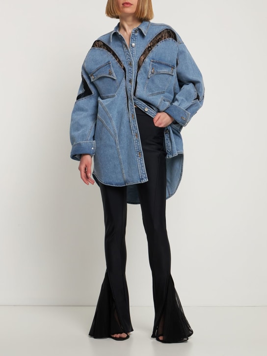 MUGLER: Robe chemise oversize en denim et dentelle - Denim/Noir - women_1 | Luisa Via Roma