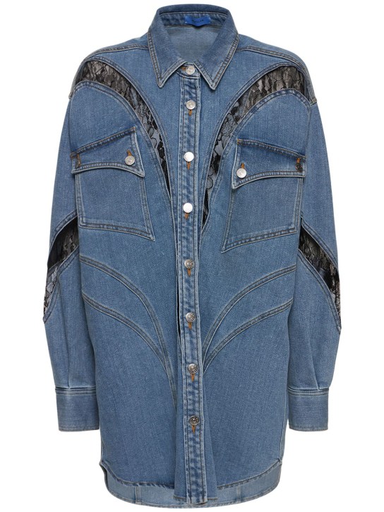 MUGLER: Robe chemise oversize en denim et dentelle - Denim/Noir - women_0 | Luisa Via Roma