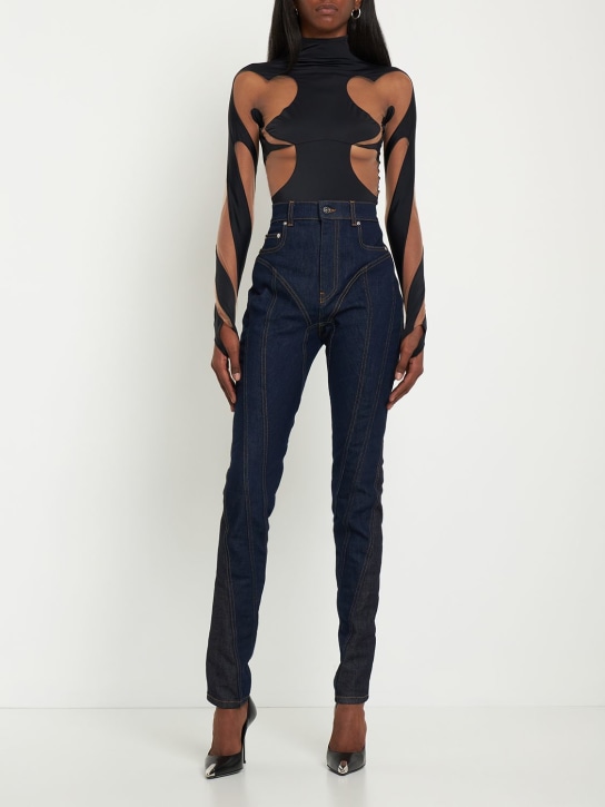 MUGLER: Jersey & tulle high neck bodysuit - Black/Nude 1 - women_1 | Luisa Via Roma