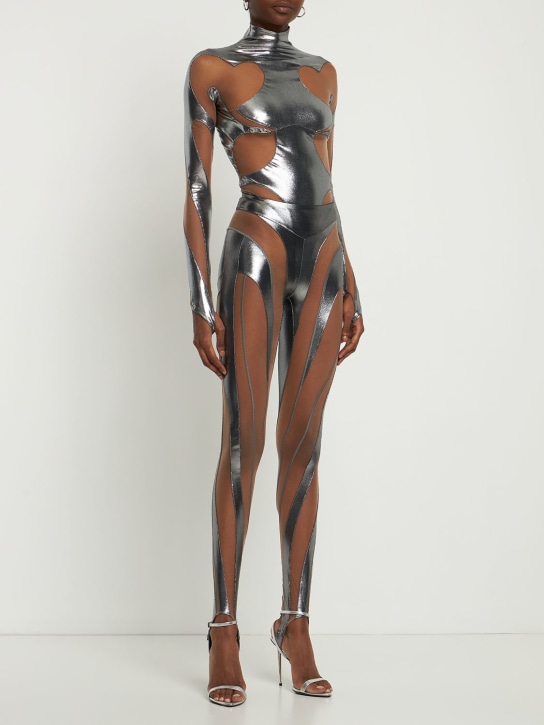 MUGLER: Metallic jersey & tulle bodysuit - Silver/Nude 1 - women_1 | Luisa Via Roma