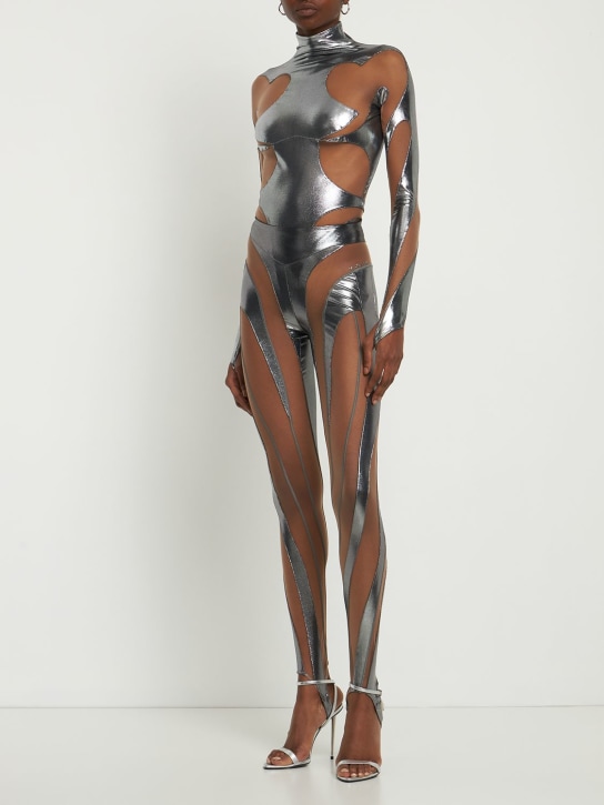 MUGLER: Leggings in jersey metallizzato e tulle - Silver/Nude 1 - women_1 | Luisa Via Roma