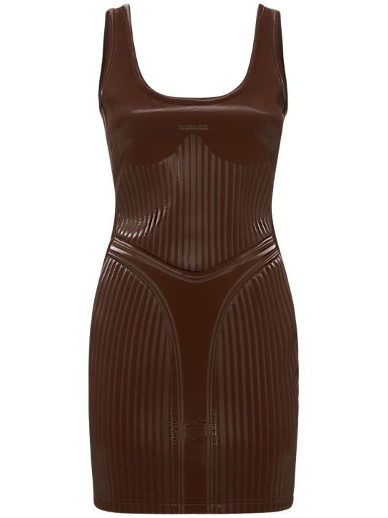 MUGLER: Glossy embossed jersey mini dress - Brown - women_0 | Luisa Via Roma