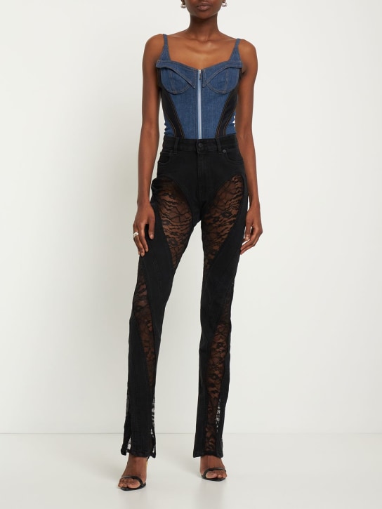 MUGLER: Two-tone denim front zip corset bodysuit - Med Blue/Black - women_1 | Luisa Via Roma