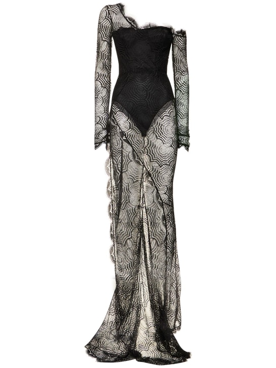 Alessandra Rich: Viscose web lace sleeved long dress - women_0 | Luisa Via Roma