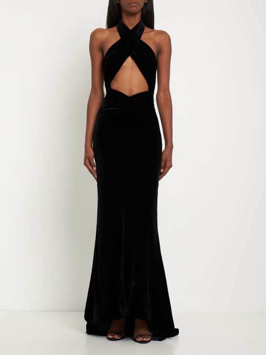 Alessandra Rich: 天鹅绒绕颈镂空长款连衣裙 - 黑色 - women_1 | Luisa Via Roma