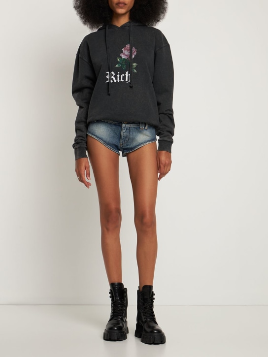 Alessandra Rich: Shorts cortos de denim de algodón con cristales - Azul Denim - women_1 | Luisa Via Roma