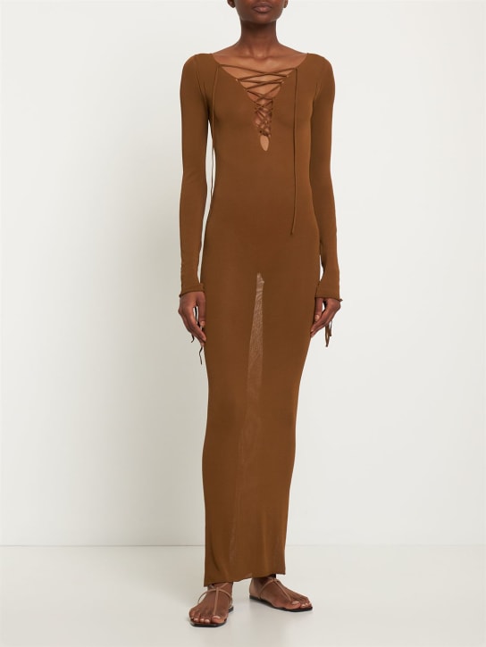 Petar Petrov: Robe midi en maille de viscose - Marron Clair - women_1 | Luisa Via Roma