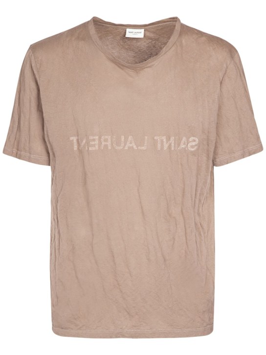 Saint Laurent: T-shirt in cotone con logo - Taupe - men_0 | Luisa Via Roma