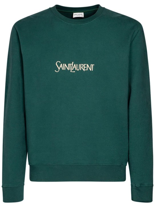 Saint Laurent: Suéter de algodón con logo - Verde - men_0 | Luisa Via Roma