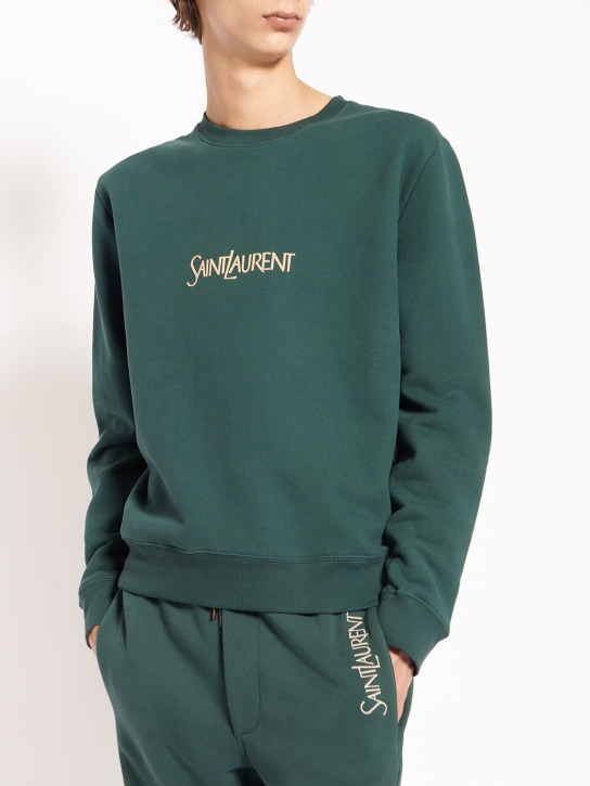 Saint Laurent: Suéter de algodón con logo - Verde - men_1 | Luisa Via Roma
