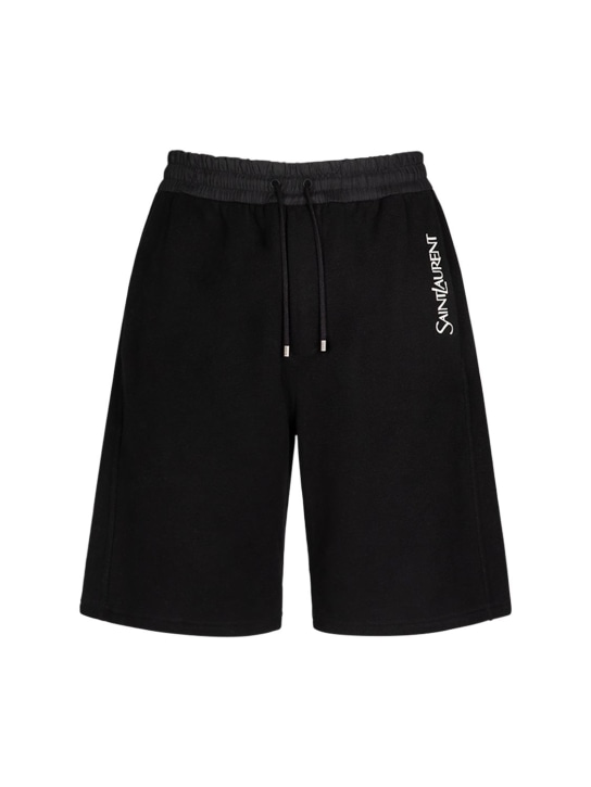 Saint Laurent: Shorts in cotone con logo - Nero - men_0 | Luisa Via Roma