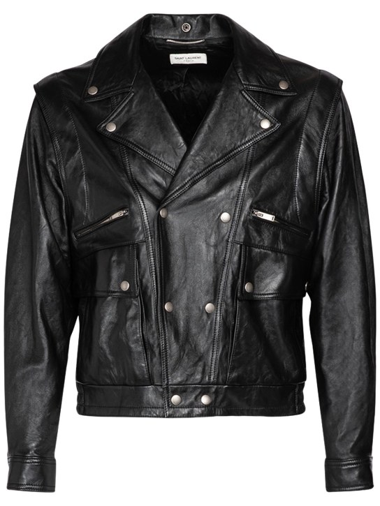 Saint Laurent: Leather jacket w/ detachable sleeves - Siyah - men_0 | Luisa Via Roma