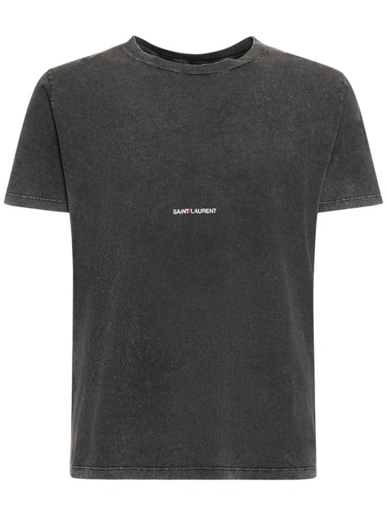 Saint Laurent: T-shirt en coton à logo - Noir Délavé - men_0 | Luisa Via Roma