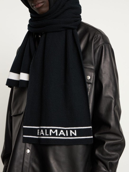 Balmain: Wool & cashmere logo scarf - Black/White - men_1 | Luisa Via Roma