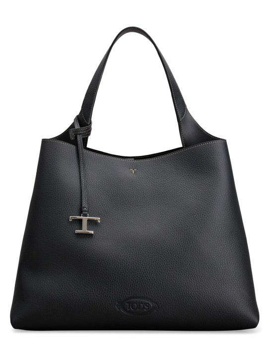 Tod's: Shopping leather shoulder bag - Siyah - women_0 | Luisa Via Roma