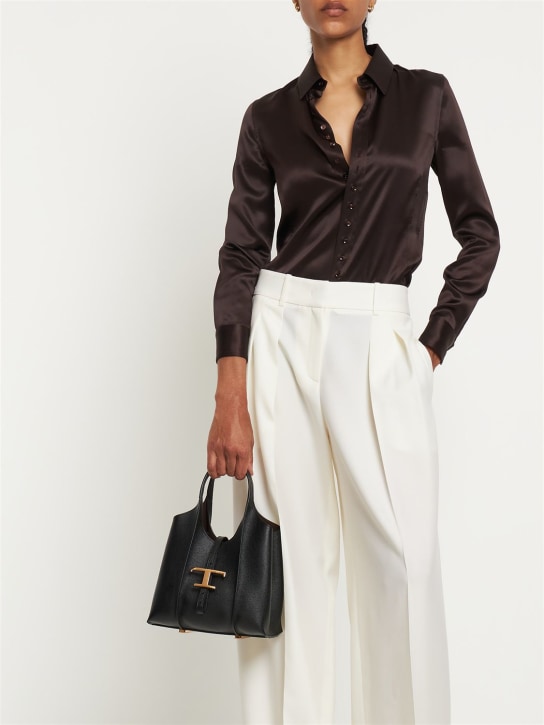 Tod's: Mini T leather top handle bag - Siyah - women_1 | Luisa Via Roma
