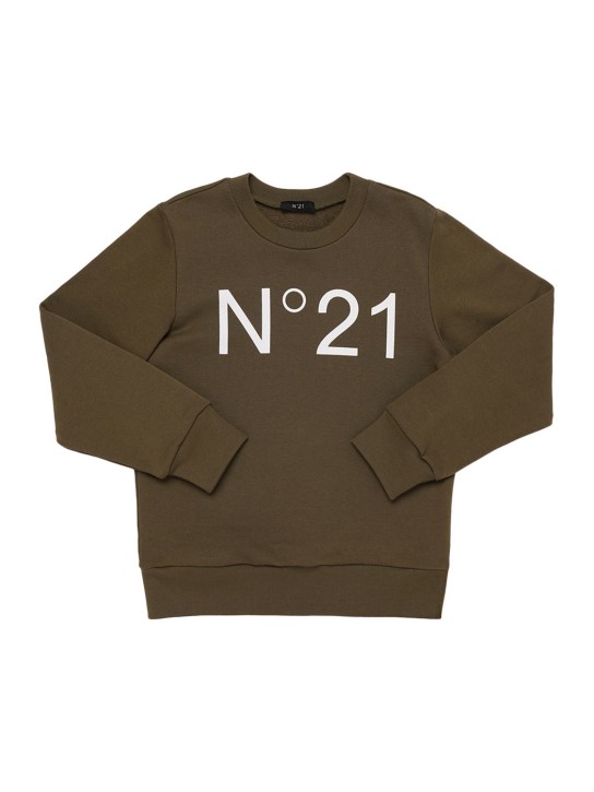 N°21: Sweat-shirt en coton à imprimé logo - Vert Militaire - kids-boys_0 | Luisa Via Roma