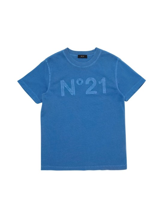 N°21: Logo贴片棉质平纹针织T恤 - 蓝色 - kids-boys_0 | Luisa Via Roma