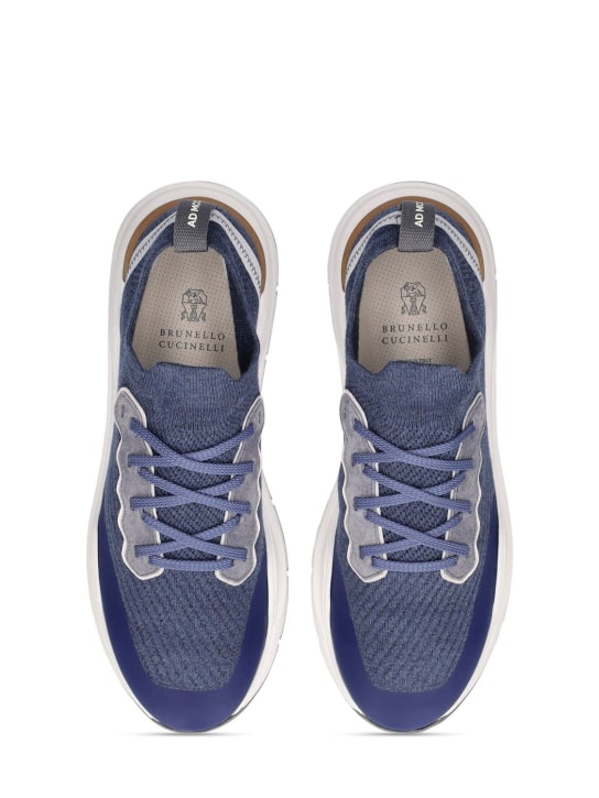 Brunello Cucinelli: Denim effect lace-up knit sneakers - Navy - kids-boys_1 | Luisa Via Roma