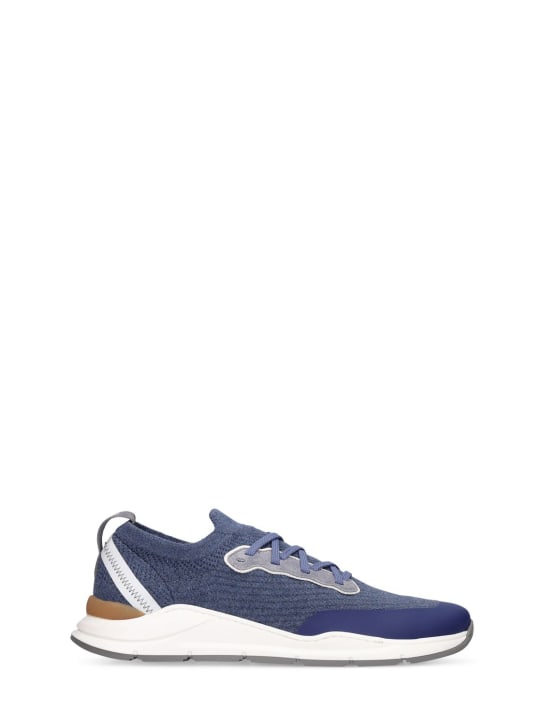 Brunello Cucinelli: Denim effect lace-up knit sneakers - Navy - kids-boys_0 | Luisa Via Roma