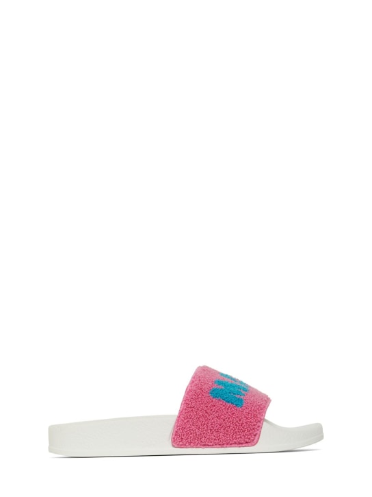 Marni Junior: Logo print terrycloth slide sandals - Fuchsia/White - kids-boys_0 | Luisa Via Roma