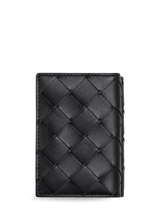 Bottega Veneta: Intrecciato leather tiny tri-fold wallet - Siyah - men_0 | Luisa Via Roma