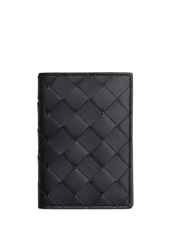 Bottega Veneta: Intrecciato leather flap card case - Black/Grass - men_0 | Luisa Via Roma
