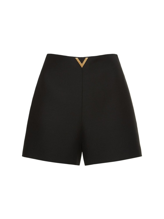 Valentino: Shorts cortos de lana y seda crepé - Negro/Blanco - women_0 | Luisa Via Roma