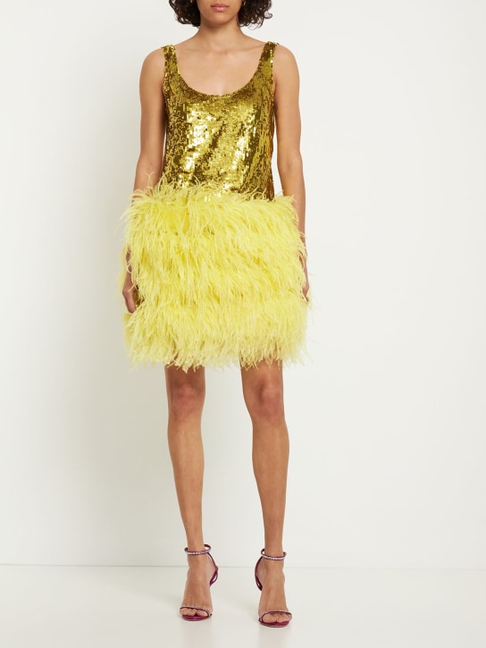 Valentino: Sequined mini dress w/ feathers - Yellow - women_1 | Luisa Via Roma