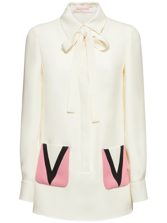 Valentino: Robe courte en cady de soie avec poches à logo - Ivoire - women_0 | Luisa Via Roma