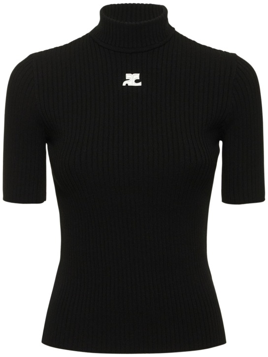 Courreges: 针织粘胶纤维混纺logo上衣 - 黑色 - women_0 | Luisa Via Roma